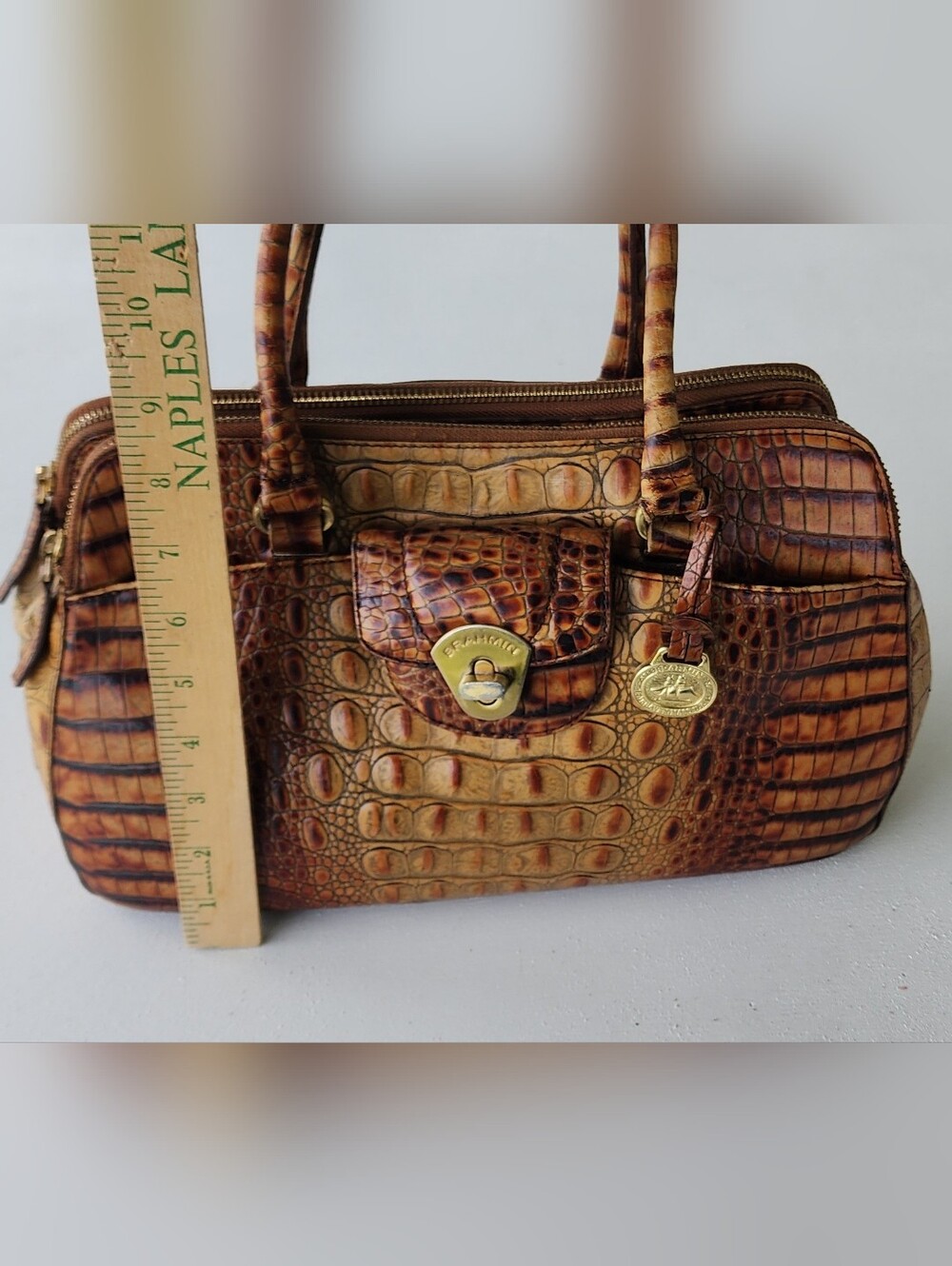 Brahmin Tan and Brown Crocodile-Embossed Satchel - Picture 13 of 15